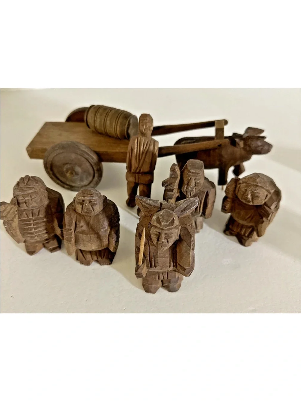 Lot of 9 Japanese Netsuke Lucky Gods Carved Figures Cart Ox Barrell
